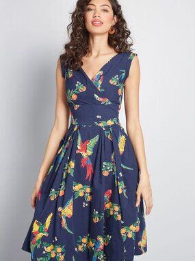 Emily & Fin Navy Retro Tropical Parrot Floral Vacation Dress Modcloth XS/XXS